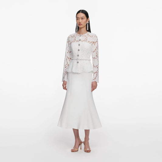 White Lace Crepe Midi Dress