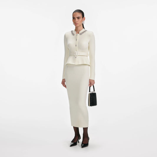 Cream Wool Peplum Knit Midi Dress