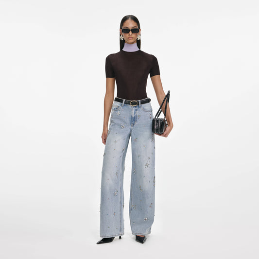 Light Blue Embellished Wide Leg Jeans