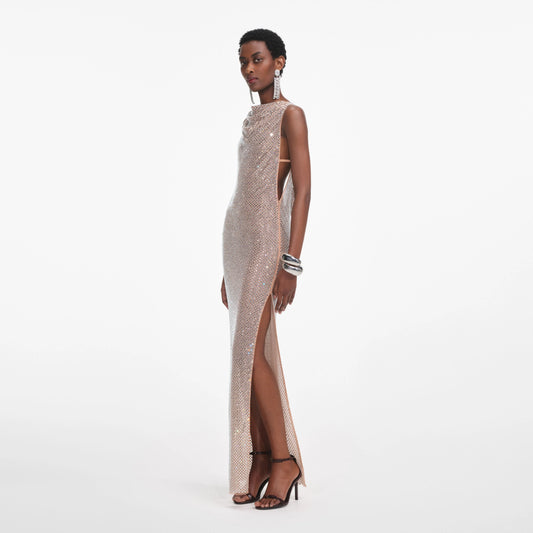 Silver Rhinestone Drape Maxi Dress