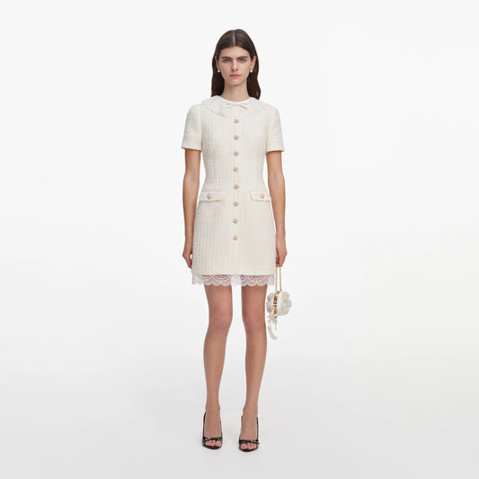 Cream Boucle Lace Trim Tailored Mini Dress