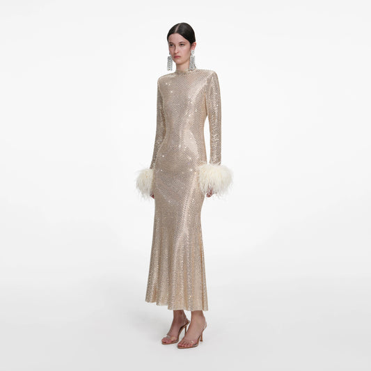 Champagne Rhinestone Feather Midi Dress