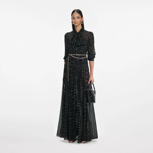 Black And Gold Tie Neck Maxi Dress