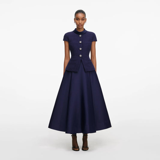Navy Boucle Taffeta Midi Dress