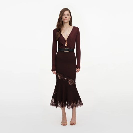 Brown Ribbed Knit Midi Skirt
