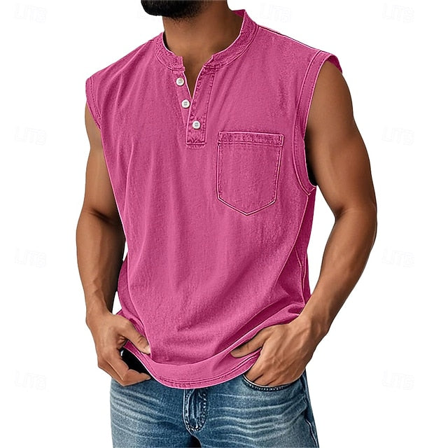Men’s Acid Wash Cotton Tank – Sleeveless Henley with Pocket & Buttons