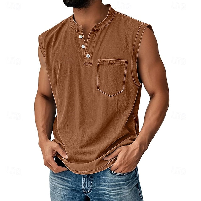 Men’s Acid Wash Cotton Tank – Sleeveless Henley with Pocket & Buttons